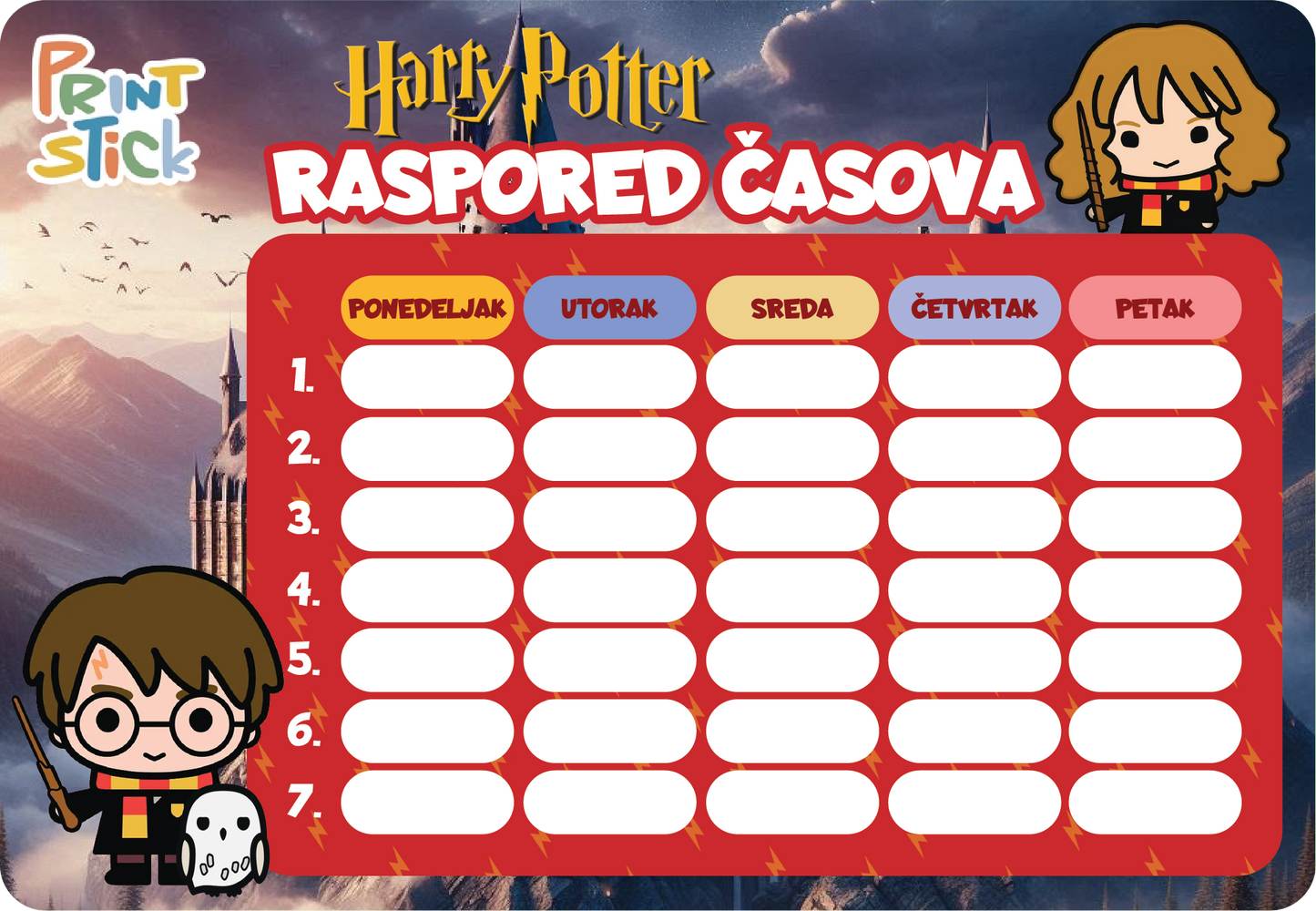 Samolepljivi raspored časova Harry Potter