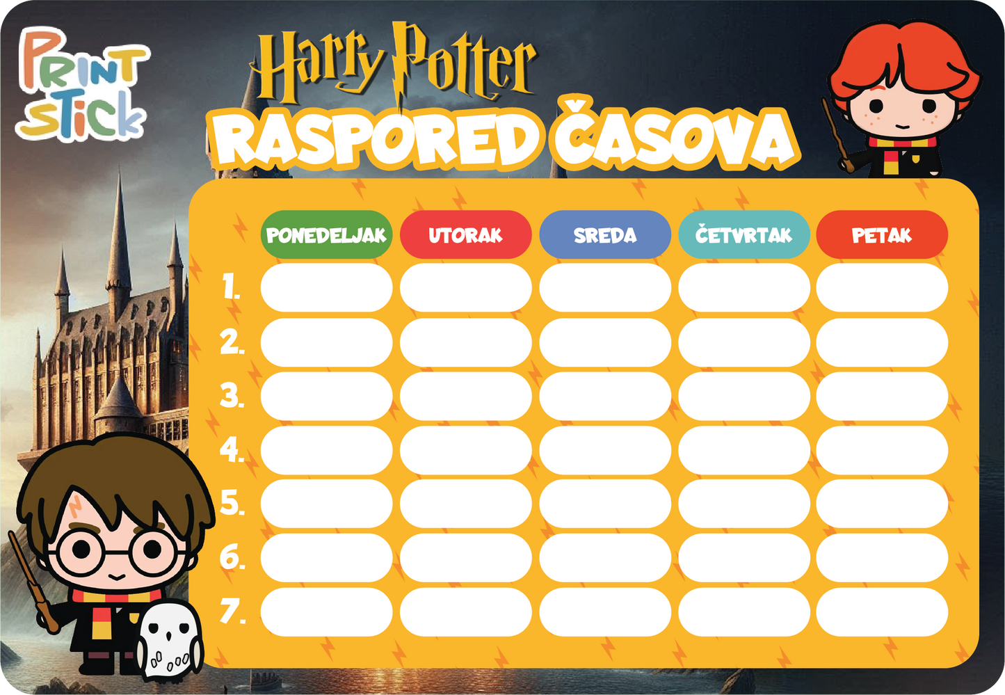 Samolepljivi raspored časova Harry Potter