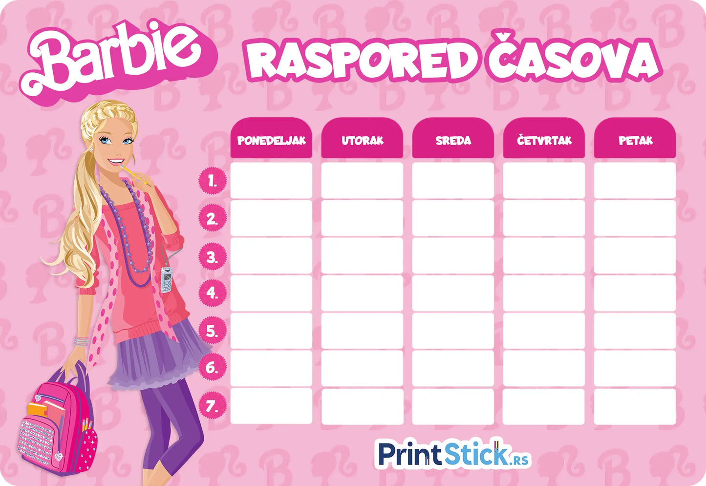 Samolepljivi raspored časova Barbie