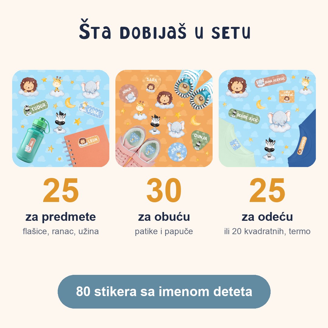 Šta dobijaš u setu Bebe Životinje: 25 stikera za predmete, 30 za obuću, 25 termo za odeću