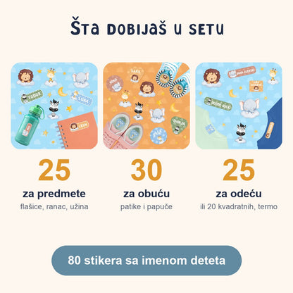 Šta dobijaš u setu Bebe Životinje: 25 stikera za predmete, 30 za obuću, 25 termo za odeću