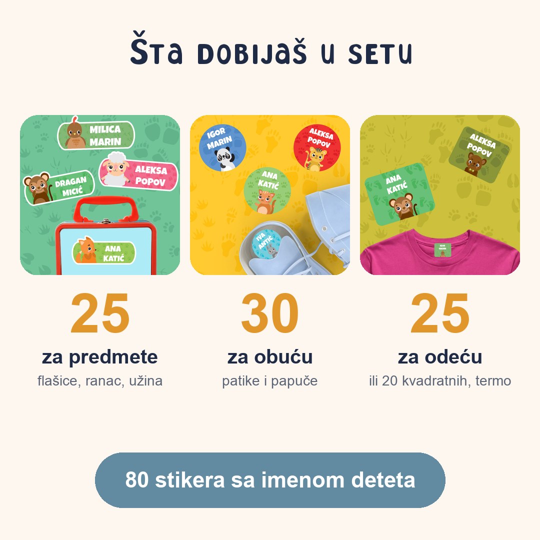 Šta dobijaš u setu Životinjski Svet: 25 stikera za predmete, 30 za obuću, 25 termo za odeću