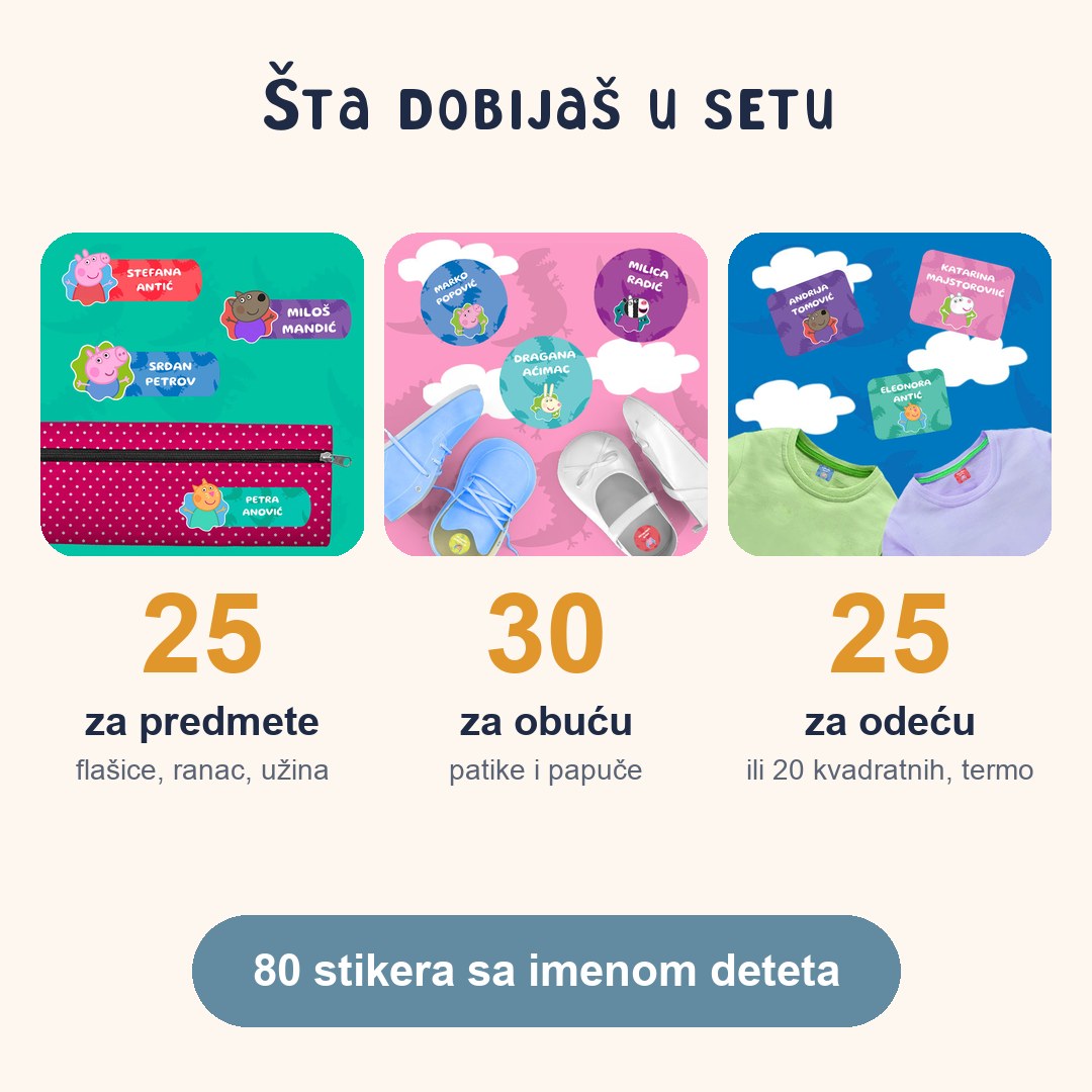 Šta dobijaš u setu Pepa Prase: 25 stikera za predmete, 30 za obuću, 25 termo za odeću