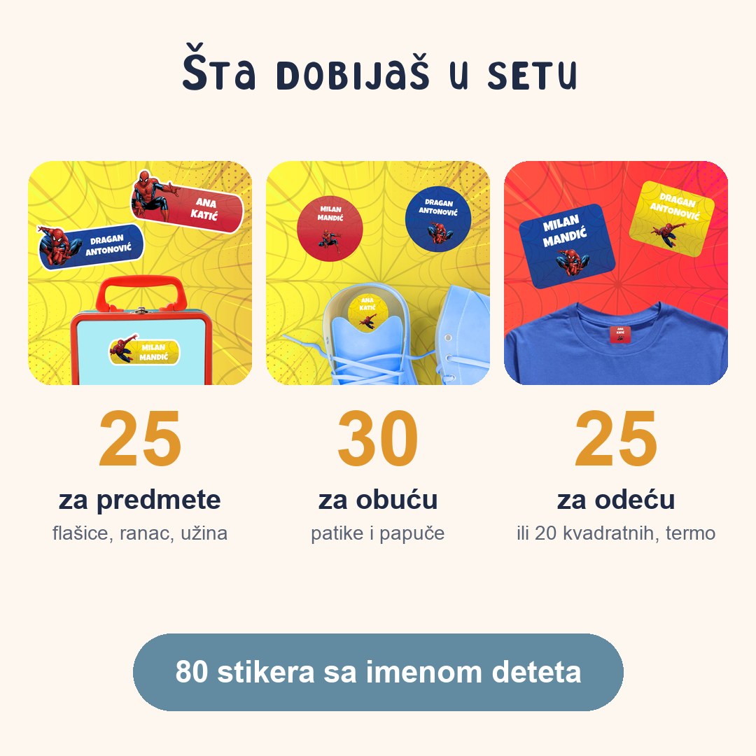 Šta dobijaš u setu Spiderman: 25 stikera za predmete, 30 za obuću, 25 termo za odeću